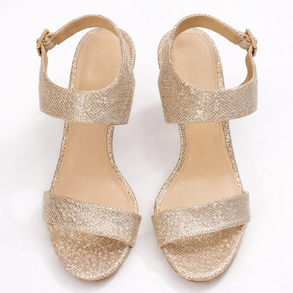 Michael Kors Gold Heels 6.5M | Sparkly Ankle Strap Stiletto Sandals - Picture 2 of 5